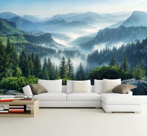 Misty Pine Forest Wall Paper Mural Peel and Stick for Living Room | Foggy Mountain Scenery Self Adhesive Wall Mural 182“x120" - color: W-080, size: 182" x 120"