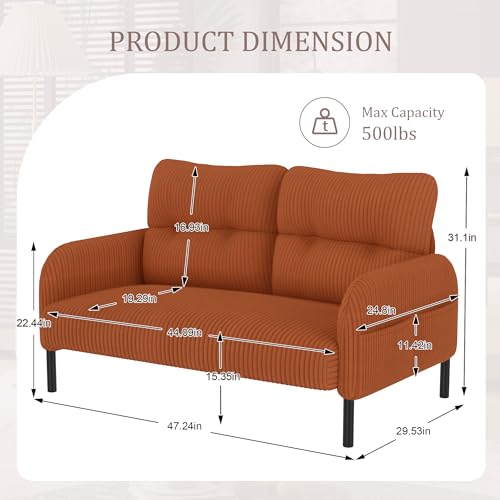 47" Small Loveseat Sofa, 2-Seater Upholstered Cloud Couches | Corduroy Small Couch for Small Spaces, Mini Couches Love Seats with Wood Legs for Living Room, Bedroom, Apartment, Orange - color: Orange