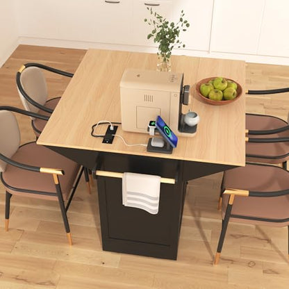 55.7" W Kitchen Island with 2 Drop Leaf, Moblie Kitchen Cart On Wheels with Storage Cabinet, 3 Drawers, Multifunctional Rolling Dining Table with Power Outlet, Spice & Towel Rack (Black-v) - color: Black-v)