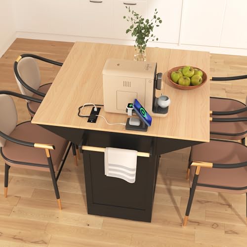 55.7" W Kitchen Island with 2 Drop Leaf, Moblie Kitchen Cart On Wheels with Storage Cabinet, 3 Drawers, Multifunctional Rolling Dining Table with Power Outlet, Spice & Towel Rack (Black-v) - color: Black-v)