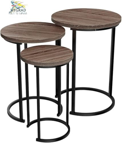 HYGRAD BUILT TO SURVIVE Set of 3 Round Wooden/Steel Nesting Side Stacking Sofa Side Coffee Tables, Small Space Coffee Tea Table for Hallway Living Room Bedroom, Home, Office (Brown/Black) - color: Brown/Black