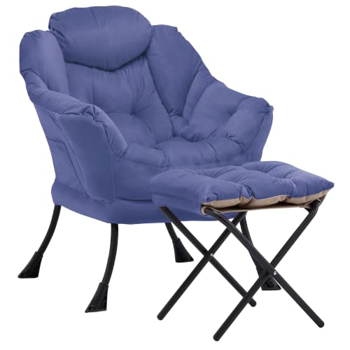 Lazy Chair with Ottoman, Comfy Reading Chair, Dark Blue | Cushioned Seat with Foldable Ottoman and Side Pocket, Lounge Chair for Bedroom, Living Room, Dorm and Small Spaces - color: Darkblue