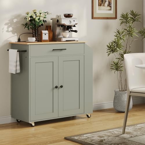 HOOBRO Kitchen Island with Power Outlet, Storage Island with Spice Rack and Drawer, Rolling Kitchen Cart on Wheels, for Home, Dining Room, Natural and Green JN82UZD01G1 - color: Natural + Green