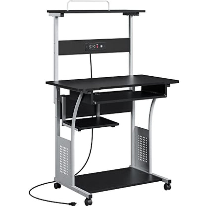 Topeakmart Rolling Computer Desk with Charging Station and 2 USB Ports for Small Space, Study Writing Desk with Keyboard Tray and Printer Shelf for Home Office, Compact Study Table with Wheels, Black - color: Black