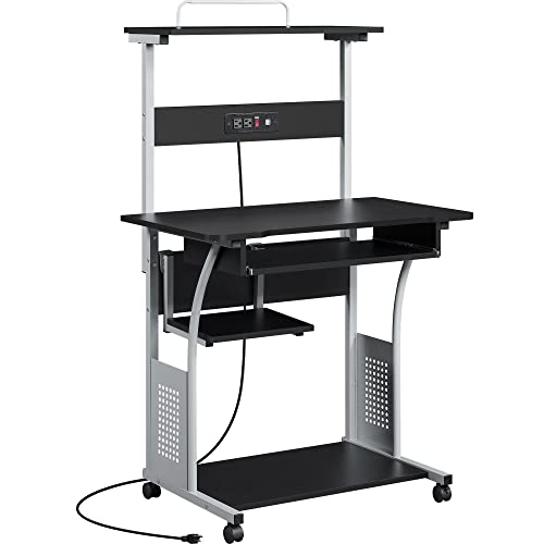 Topeakmart Rolling Computer Desk with Charging Station and 2 USB Ports for Small Space, Study Writing Desk with Keyboard Tray and Printer Shelf for Home Office, Compact Study Table with Wheels, Black - color: Black