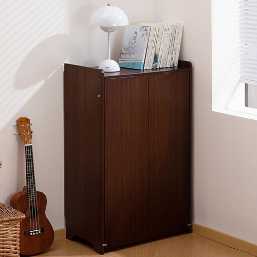 Bamboo Fold Out Desk with Storage, Mid Century Hideaway Desk for Small Spaces, Folding Computer Desk for Home Office Bedroom Apartment, Space Saving - color: Walnut
