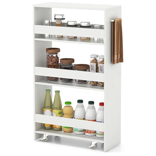 GIANTEX 4-Tier Rolling Slim Storage Cart, 8" Narrow Slide Out Kitchen Cart | Space-Saving Compact Mobile Utility Trolley with Handle & Open Shelves for Small Space, Laundry Room (White) - color: White, size: 8"W