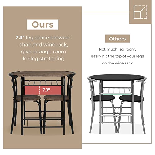 VINGLI 3 Piece Dining Set,Small Kitchen Table Set for 2,Breakfast Table Set for 2,Kitchen Wooden Table and 2 Chairs for Small Space/Dining Room/Apartment,Metal Frame,Wine Rack,Rustic - color: Rustic