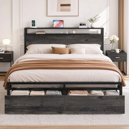 LIKIMIO Queen Bed Frame with Headboard, 2 Drawers and Charging Station - color: Charcoal Grey, size: Queen