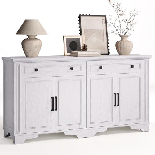 63" Sideboard Buffet Cabinet, Large Credenza with Drawers White | Kitchen Buffet Storage Cabinet, Coffee Bar Cabinet, Console Table, Wood, with 4 Doors, for Living Room Hallway - color: White, size: 63 Inch