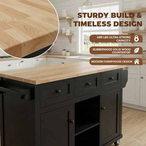 53'' Mobile Kitchen Island with Seating, Rolling Kitchen Island with Storage and Drop Leaf, 3 Drawers Islands Cart Rubberwood Top, 2 Open Shelves, Isla para Cocina, Black + 2 StooIs