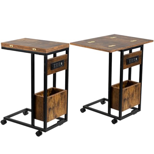 Hadulcet C Tables End Table Set of 2, C Shaped Side Table with Charging Station, Folding Table TV Trays for Eating, Couch Tables that Slide Under, Small End Table Snack Tables, Rustic Brown