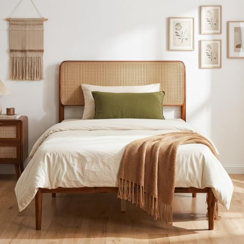 Giantex Wooden Bed Frame Twin Size, Rattan Headboard Platform Bed (Twin) | Wooden Slat Support, Acacia Wood Mattress Foundation No Box Spring Needed - size: Twin