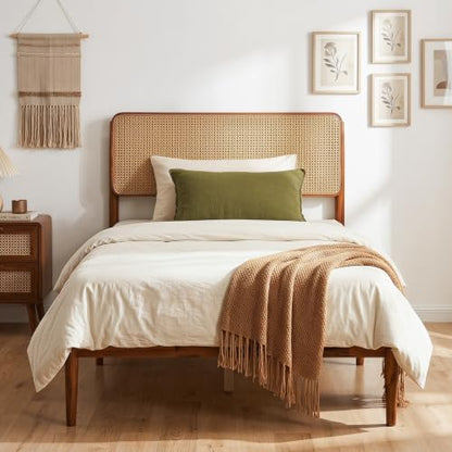 Giantex Wooden Bed Frame Twin Size, Rattan Headboard Platform Bed (Twin) | Wooden Slat Support, Acacia Wood Mattress Foundation No Box Spring Needed - size: Twin