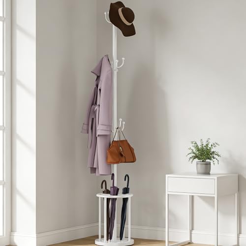 Coat Rack Freestanding, Coat Rack Stand with Umbrella Holder, Coat Tree, Coat Hanger Stand with 12 Hooks for Clothes Bag Hats, Used in Bedroom, Office, Living Room and Entryway-White - color: White