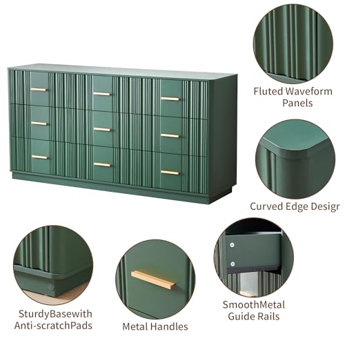 Fluted 9 Drawer Dresser,59"Wide Modern Chest of Drawers with Sturdy Base,Wood Closet Organizers,TV Stand,Storage Dresser with 9 Deep Drawers for Bedroom Living Room Hallway Entryway Nursery(Green) - color: 47" Wide Walnut