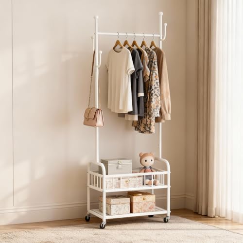 Free Standing Rolling Clothes Rack with Wheels Shoe Storage - White | Small Narrow Cloth Hanger Garment Rack for Bedroom Livingroom Lab Dress Shirt Rack with Metal Basket and Shoe Storage Shelves - color: White-2 Tier