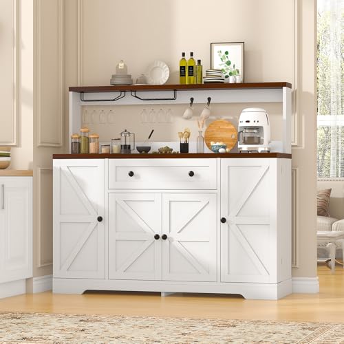 VVFLU Hutch Storage Buffet Cabinet with Drawers, and Charging Station, Coffee Bar Cabinet with Barn Doors, Wine Rack and Hooks, White Wood Sideboard Buffet for Kitchen, Dining Room, 47.8" High - color: White/Wood, size: 15.7"D x 55.1"W x 47.8"H