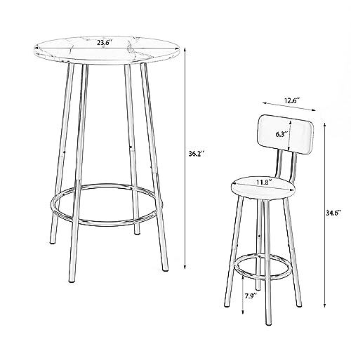 3-Piece Round Bar Table Set with Backrest & Partition, Counter Height Small Dining Table for 2, Includes 2 Foldable Stools, Sturdy MDF & Steel Frame for Kitchen/Dining Room (White+Gold) - color: White+gold
