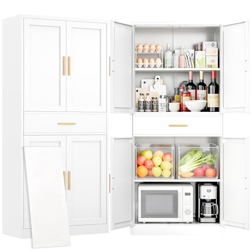 CJF 71" White Metal Kitchen Pantry Cabinet with Drawer, Tall Storage Cabinet with 2 Adjustable Shelves and 4 Doors, Heavy Duty Freestanding Floor Cupboard for Home, Kitchen, Dining, Living - color: White, size: 71"Hx 28"Wx 14"D-1Drawer