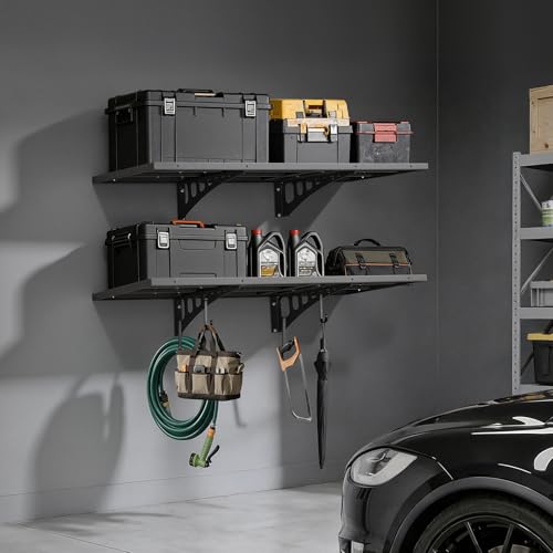 VEVOR 2-Tier Heavy Duty Wall Garage Shelving, 1.64 x 4 ft Steel Wall Mounted Shelving Unit, 19.68 x 48 Inch Per Shelf Floating Storage Metal Rack for Garage with 560 lbs Total Weight Capacity, Black - size: 1.64×4 ft