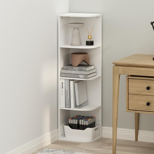 Furinno Reed Corner Shelf, 4-Tier Corner Bookshelf, Book Shelf, Corner Shelves, Storage Rack, for Organization and Storage, Home Office, Living Room, White - color: White, size: 4-Tier Corner