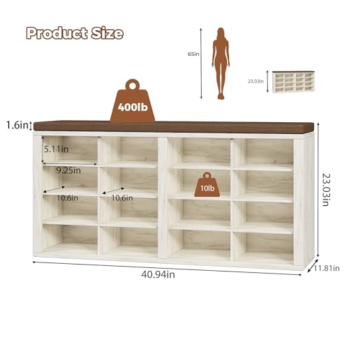 Shoe Storage Bench with Cushion Shoe Rack for Entryway 16 Cubby Multifunctional Organizer Bench Entryway with Soft Sponge Cushion for Hallway Living Room Bedroom (White & Brown) - color: White & Brown