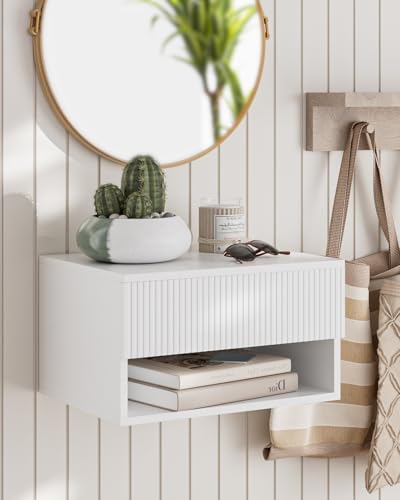 Modern Floating Nightstand with Drawer, Wall Mount Shelves, White Stripe | Small Space Saver, Modern Minimalist Design, Wall Mounted Shelves, for Bedroom, Bathroom, Living room, Easy Assembly, Stripe - color: White Stripe