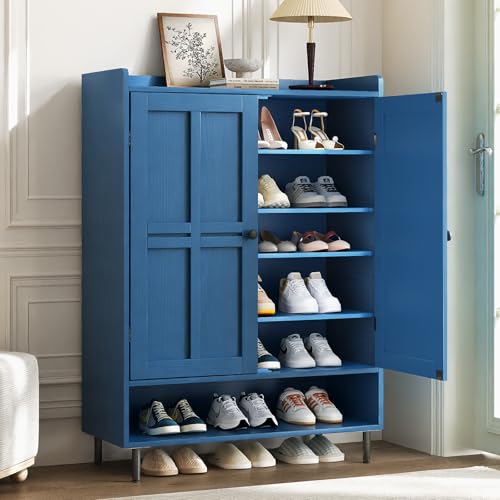 Shoe Cabinet with Cross Molding Doors, 6-Tier Storage, Blue | 45'' Tall Shoe Storage Organizer with 3 Adjustable Shelves & Metal Legs, Freestanding Wood Shoe Rack for Entryway, Front Door - color: Blue