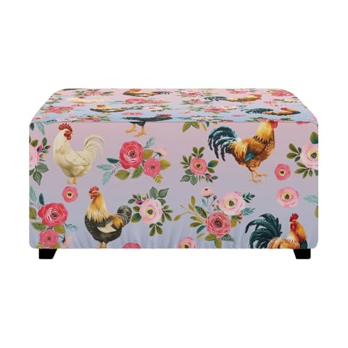 Chicken Floral Ottoman Cover Ottoman Slipcover Thick Stretchable Footrest Stool Covers for Oversized Square and Rectangle Ottoman - color: Chicken Floral, size: Medium
