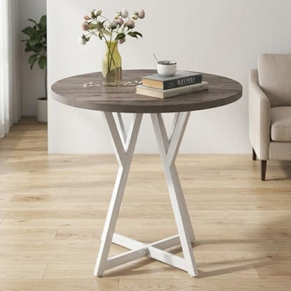 Small Dining Table, 31.5" Round Kitchen Table for 2 with X-Shaped Metal Pedestal Base, Wooden Dining Room Table for Small Spaces, Cafe, Apartment, Living Room, Office (Oak Grey+White)