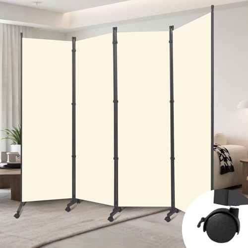 Folding Room Divider W/Wheels,Heavy Duty Base Privacy Screen Separator | 360° Smooth Lockable Rolling Wheels,Foldable Freestanding Wall Divider,Easy Movable Partition for Room Separation - color: Beige, size: B-88''W-4 Panel