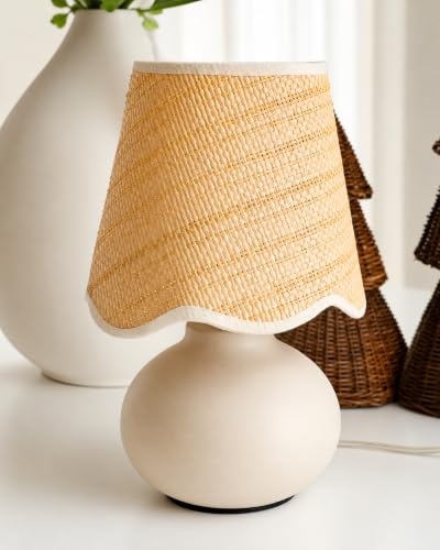 11" Small Mini Boho Table Lamp – Handmade Ceramic Cream Base with Scallop Woven Rattan Shade, Dimmable Plug-In Accent Light for Bedroom, Nightstand, Small Spaces, Kitchen Counter, Bookshelf - color: Airy Scallop Rattan Shade
