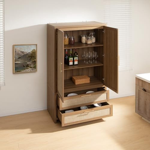 SICOTAS Rattan Armoire Wardrobe Closet : 71 inch Wardrobe with Drawers | Farmhouse Boho Storage Cabinet with Hanging Rod, Large-Capacity Deep Armoire Clothes Organizer for Bedroom, Cloak Room