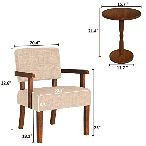 Accent Chairs Set of 2, 2 Solid Wood Armchairs with Side Table | Living Room Chairs with Soft Thicken Cushion, Comfy Reading Chair for Bedroom, Waiting Room, Home Office, Easy Assembly - color: Linen Beige, size: Set of 2 with table
