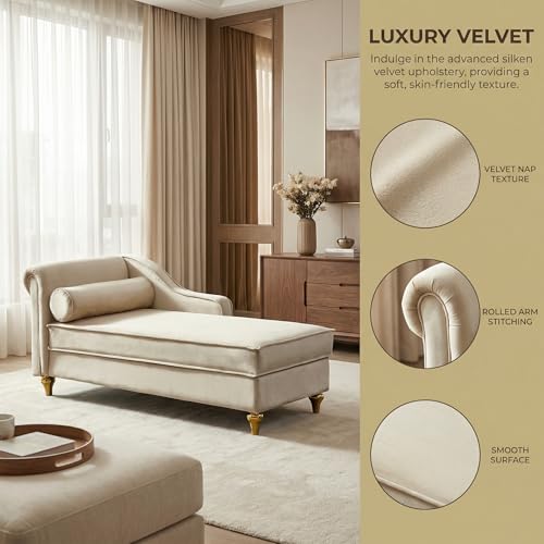 60.6" Modern Storage Chaise Lounge Indoor,Velvet Upholstery Sofa Chair with1 Toss Pillows,Upholstery Lounge Sofa with Gold Metal Legs for Small Apartment,Living Room,Office,Reception Area,Beige - color: Beige