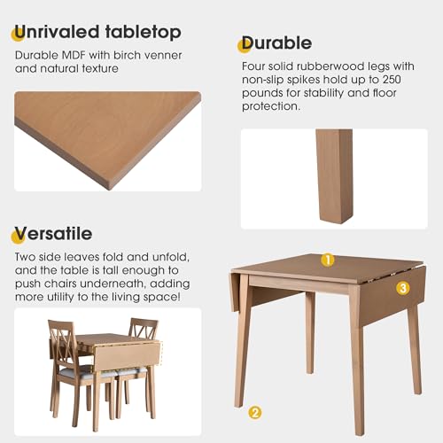 3Pcs Dining Set with Drop Leaf Dining Table and 2 X-Back Chairs, Solid Wood Kitchen Table Set for Small Place, Natural+Grey - color: Natural+grey