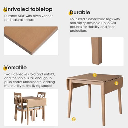 3Pcs Dining Set with Drop Leaf Dining Table and 2 X-Back Chairs, Solid Wood Kitchen Table Set for Small Place, Natural+Grey - color: Natural+grey