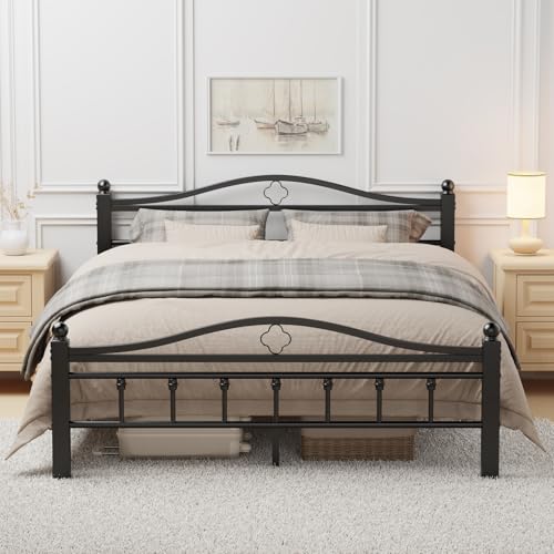 Metal Queen Bed Frame with Headboard | 1500LBS Heavy Duty, With Footboard, No Box Spring Needed, Noise Free, 12'' Under-Bed Storage, Tool-Free Assembly - size: Queen