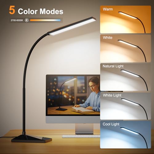 LED Desk Lamp, Eye-Caring Desk Light | 7W 390LM ,5 Color Modes & Stepless Dimming, 360° Flexible Gooseneck Touch Control Table Lamp for Bedroom Bedside Study Black - color: Jet Black
