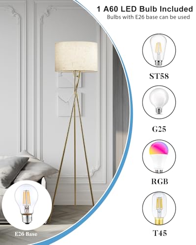 Lightdot 62IN Tripod Floor Lamps for Living Room, Modern Standing Lamp with Off-White Fabric Shade, Mid Century Industrial Standing Tall Lamp for Bedroom, Home Office-Gold - color: Tripod Fabric-Gold