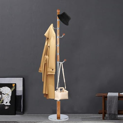 Coat Racks FreeStanding with 11 Hooks, Natural Wood Coat Rack with Solid Round Base, Adjustable Height Coat Racks, Easy Assembly for Hallway, Bedroom and Office (Solid Wood Metal Hook) - color: Solid Wood Metal Hook