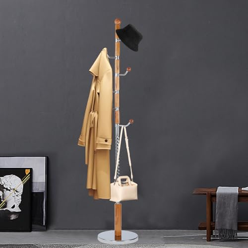 Coat Racks FreeStanding with 11 Hooks, Natural Wood Coat Rack with Solid Round Base, Adjustable Height Coat Racks, Easy Assembly for Hallway, Bedroom and Office (Solid Wood Metal Hook) - color: Solid Wood Metal Hook