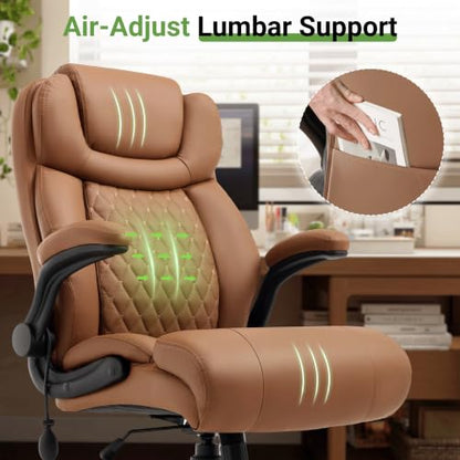 Office Chair, Big and Tall Executive Chair with Air-Lumbar Support, Breathable Desk Computer Chair with Adjustable Flip-up Armrests, Wide Cushion Seat Swivel Home Office Chair - color: Brown