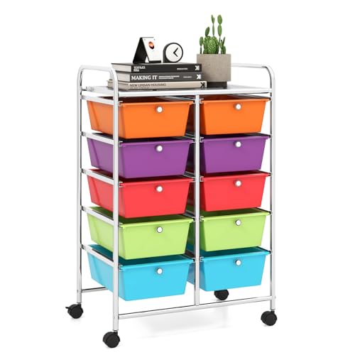 10 Drawer Rolling Cart, Storage Cart Organizer on Wheels, Drawer Cart with Metal Frame & Large Storage Capacity, Rolling Cart with Drawers for Living Room Classroom, Office - color: Multicolor, size: 10 Drawer