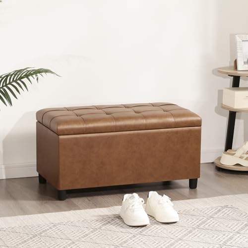 Storage Ottoman Bench, 32 Inches Faux Leather Rectangle Tufted Foot Stool for End Foot of Bed, Bedroom, Living Room,Warm Golden Brown - color: Warm Golden Brown