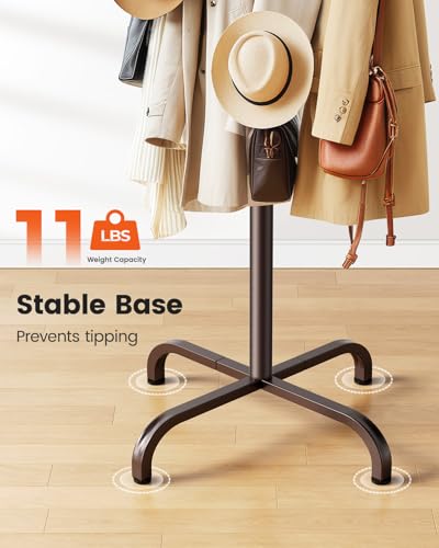 Pipishell Coat Rack with 14 Hooks, Freestanding Coat Rack Stand for Entryway, Hallway, Bedroom, and Office, Metal Coat Tree & Hat Rack for Coats, Hats, and Bags, Brown | Durable metal frame, stable four-point base, 2 hook heights for adults and kids, smoo