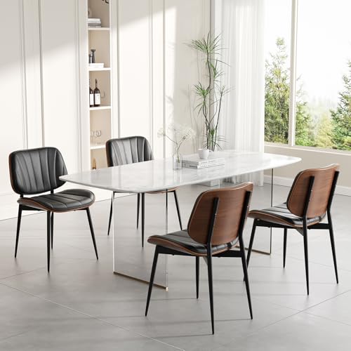 Dining Chairs Set of 6, Mid Century Modern Dining Room Chairs, Upholstered Faux Leather Kitchen Chair with Walnut Bentwood Back and Metal Legs for Kitchen Living Room, Black - color: Black, size: Set of 6