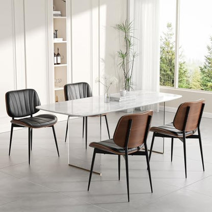 Dining Chairs Set of 6, Mid Century Modern Dining Room Chairs, Upholstered Faux Leather Kitchen Chair with Walnut Bentwood Back and Metal Legs for Kitchen Living Room, Black - color: Black, size: Set of 6
