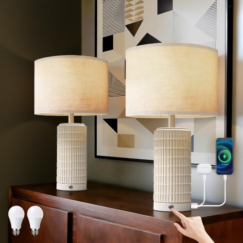 23" Touch Table Lamps Set of 2 with USB-C Ports - Ceramic Bedside Lamp for Bedroom - Modern Farmhouse Dimmable Lamp for Living Room